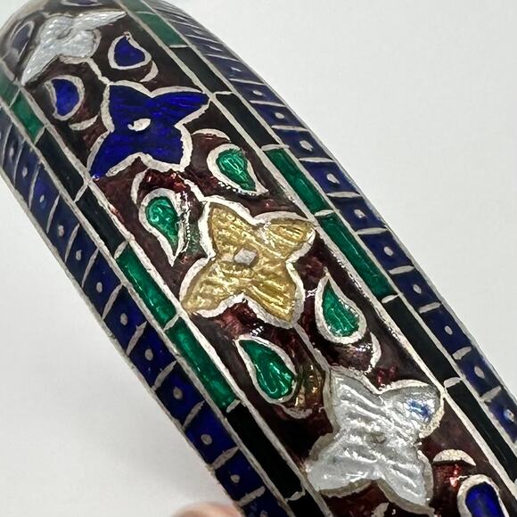 Antique 999 fine silver multicolor cloisonné guilloche enamel bangle bracelet - Picture 4 of 10